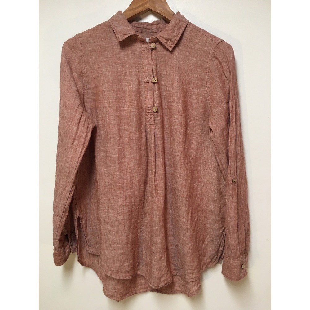 Sigrid Olsen Linen Tunic Top Womens Size M Rust Brown Henley Long Sleeve Slits